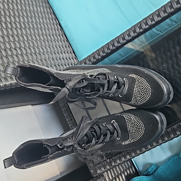 Rhinestone studded black combat platform boots size 8.5 - Picture 2 of 5